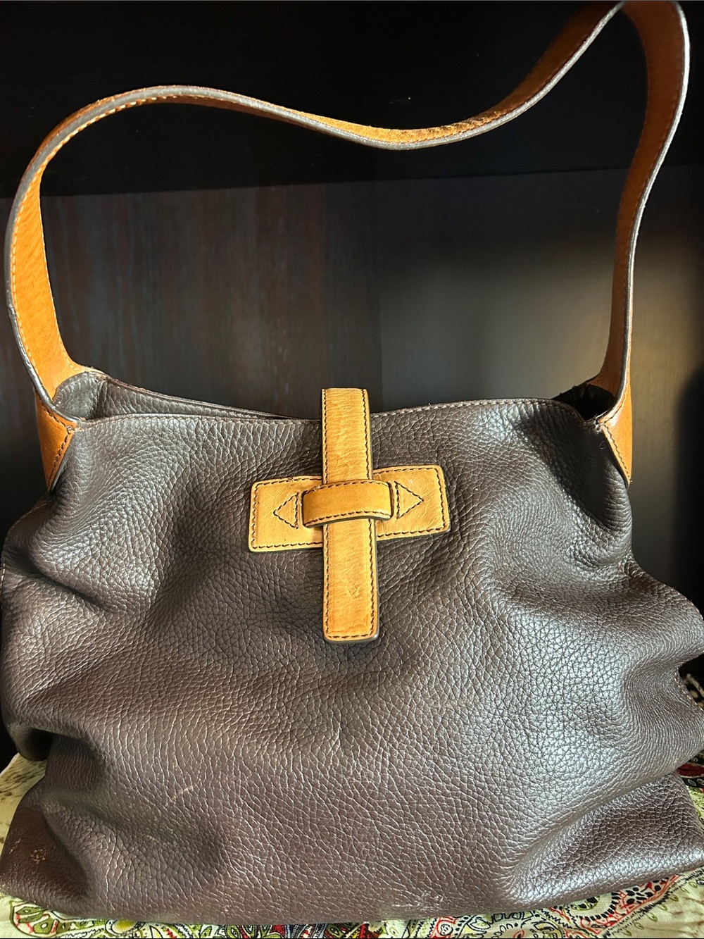 Leather Shoulder Bag in Dark Brown with Tan Accents
